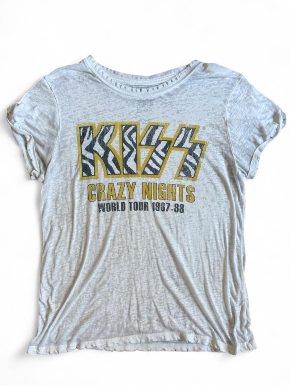 Recycled Karma White KISS Crazy Nights Zebra Logo Tee with Yellow Trim